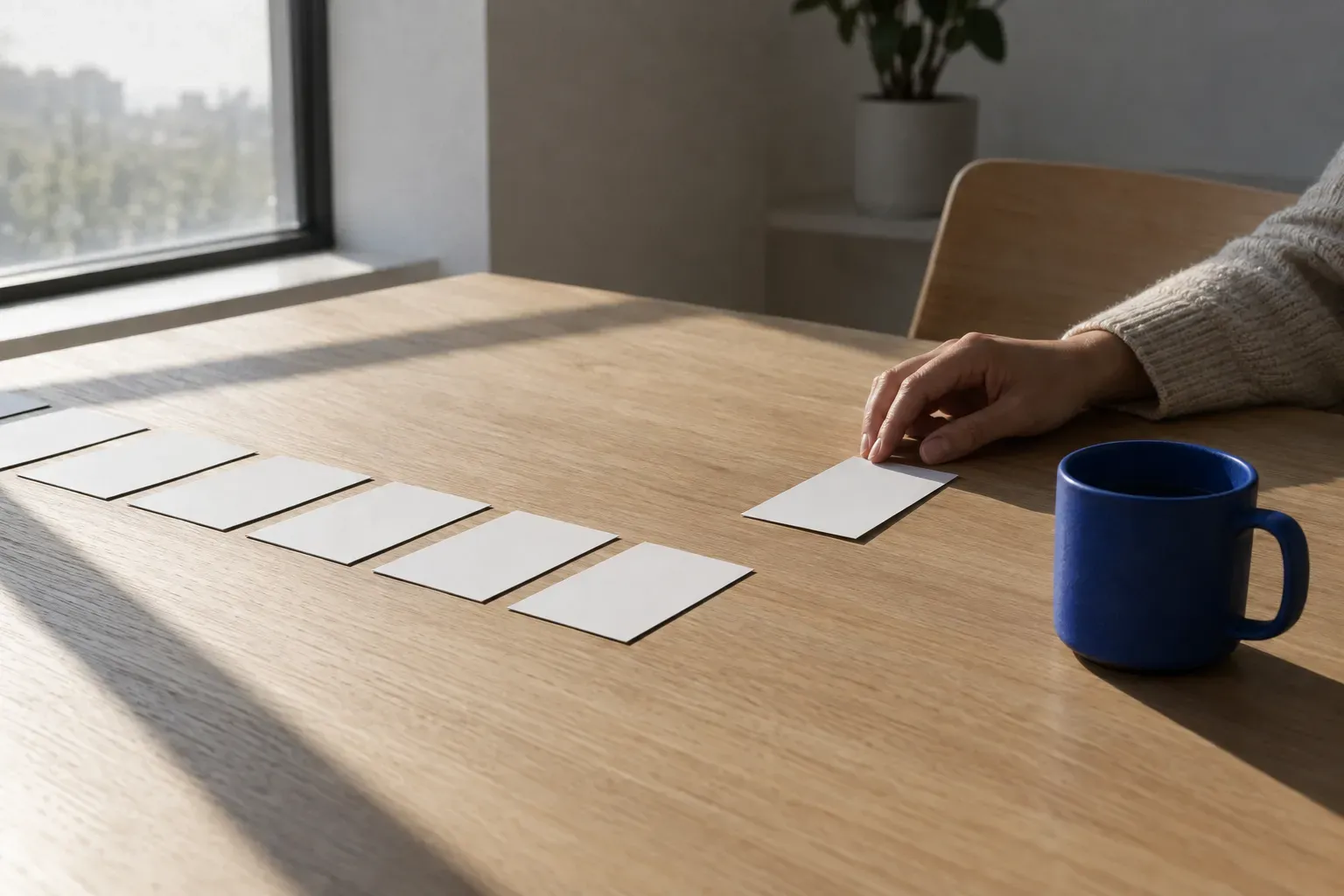 A row of identical plain white cards laid across a sunlit contemporary oak table with one set slightly apart, a matte cobalt blue ceramic mug standing at the right.