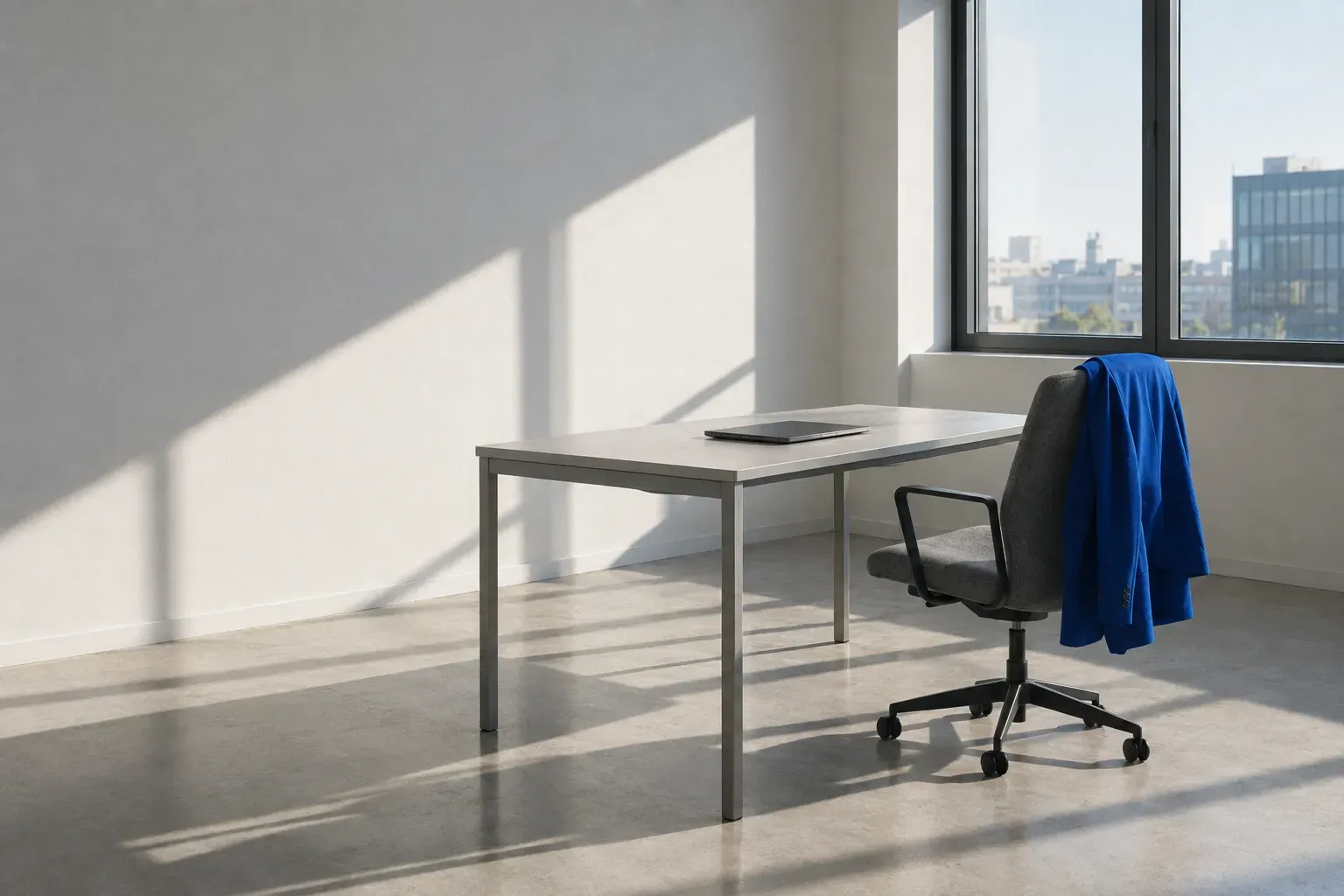 A bright empty contemporary workspace in raking sun: an office chair pushed back from a cleared desk with a cobalt blue jacket hung over its back.