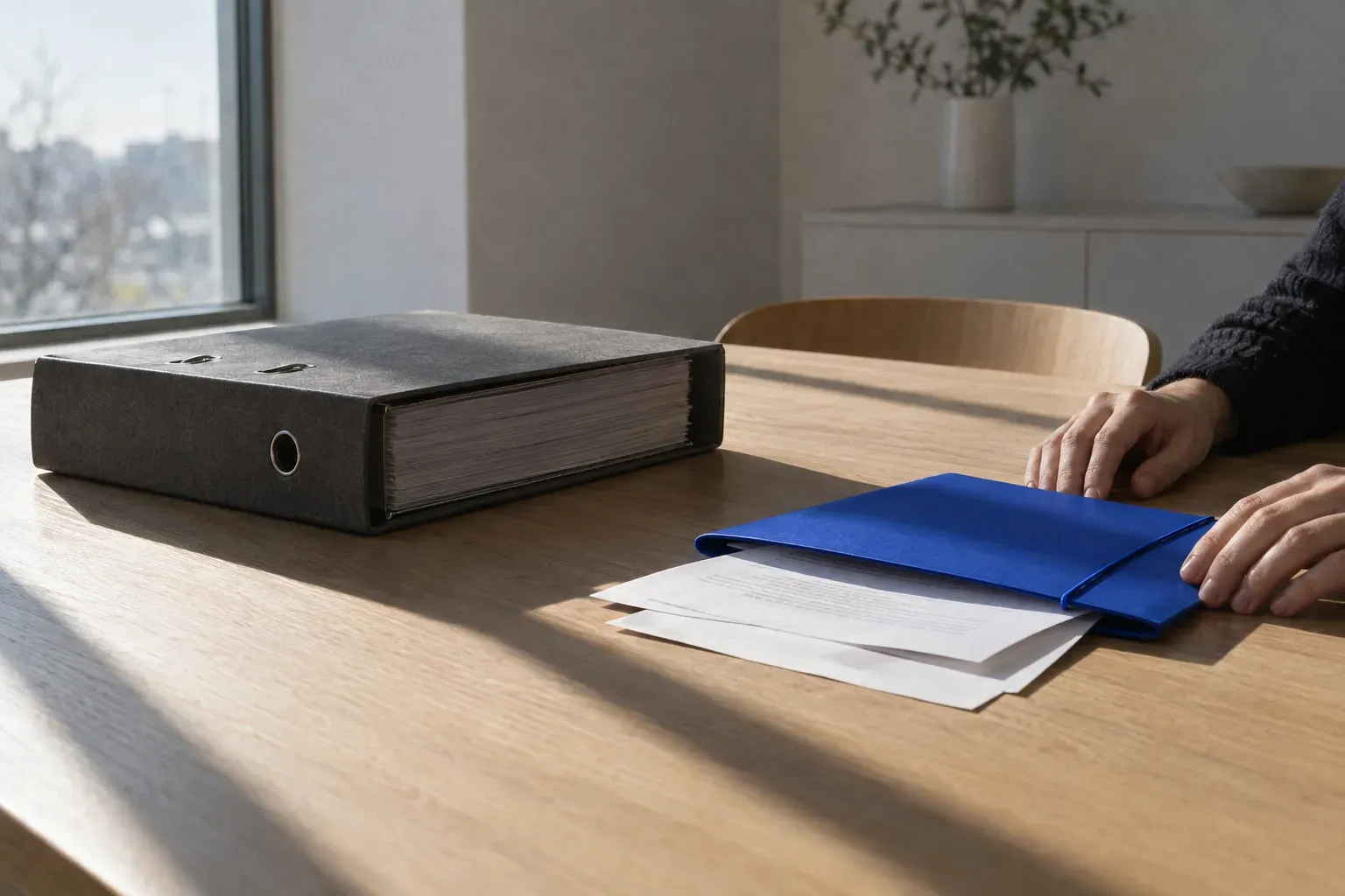 A thick heavy dark ring binder closed on a sunlit contemporary oak table beside a slim cobalt blue document wallet lying open with plain sheets sliding out.