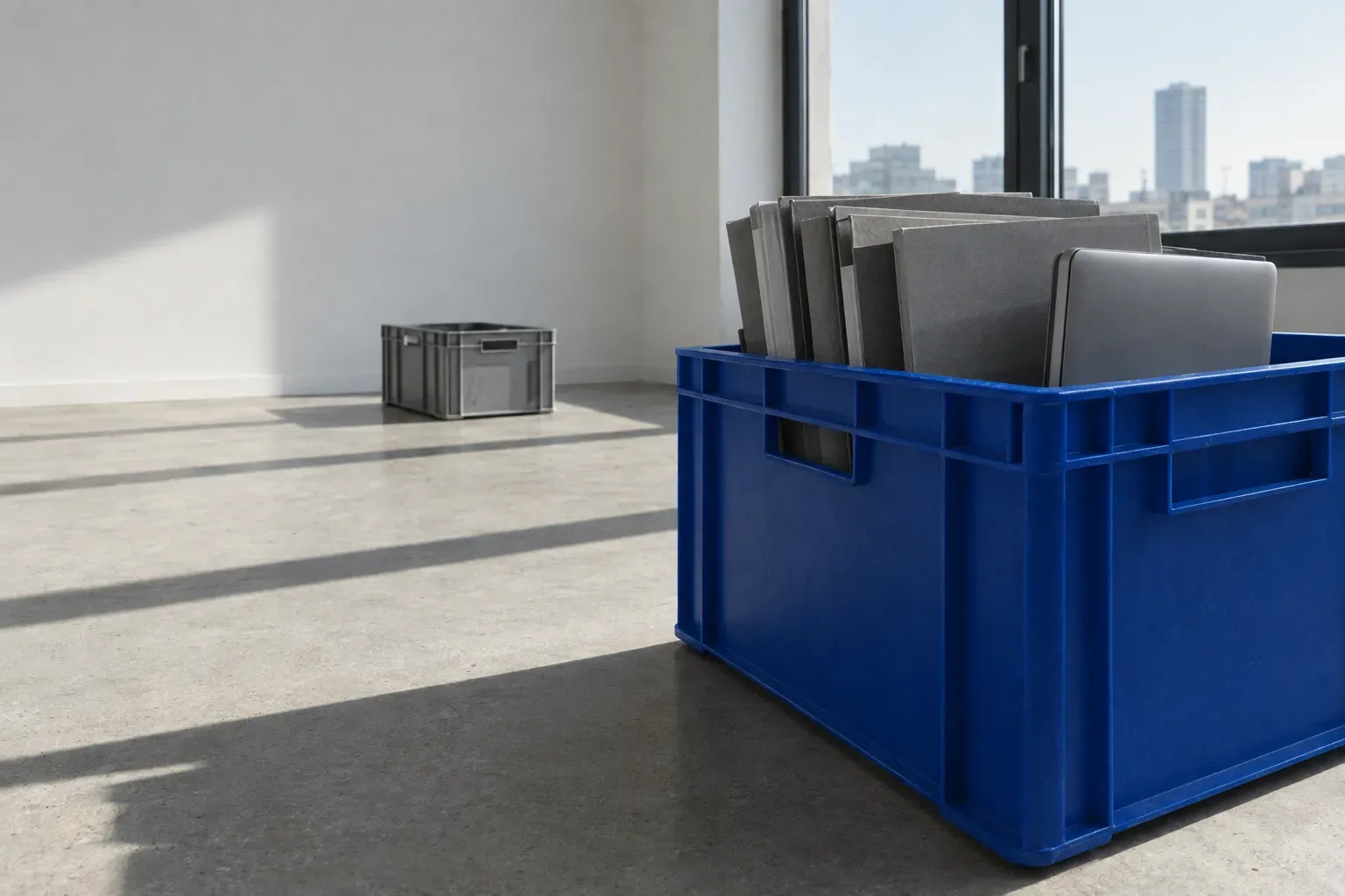 A large cobalt blue moulded crate packed with plain folders and a laptop, standing in the foreground of a bright empty contemporary room, an identical grey crate empty further back.