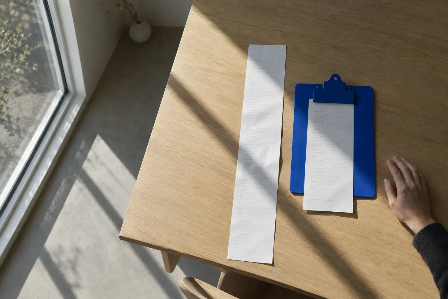 Seen from above: two long printed paper lists of different lengths lying side by side on a sunlit oak table, the shorter one held flat under a matte cobalt blue clipboard.