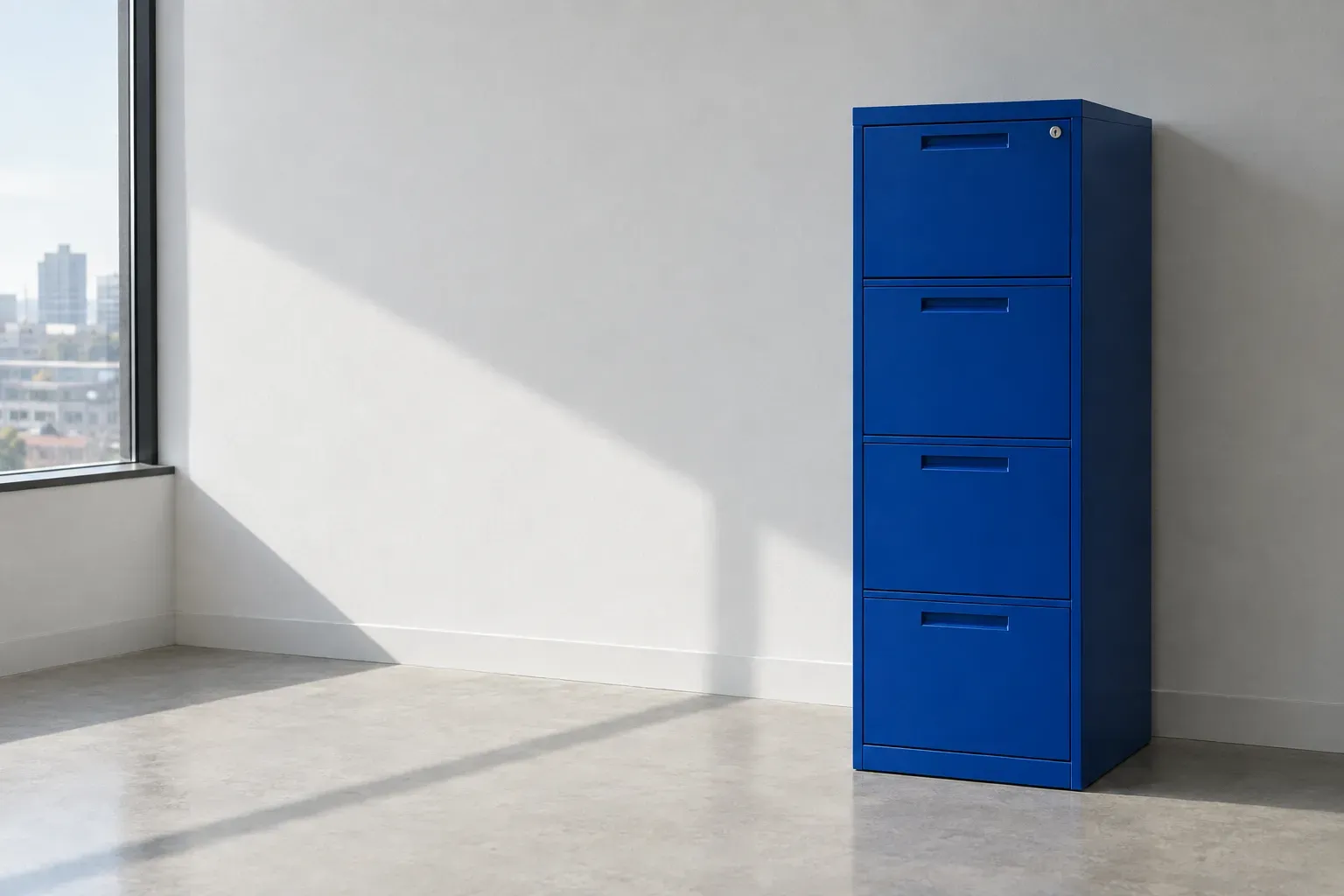 A single tall cobalt blue steel filing cabinet standing alone against the wall of a bright empty contemporary office room, all drawers closed flush.