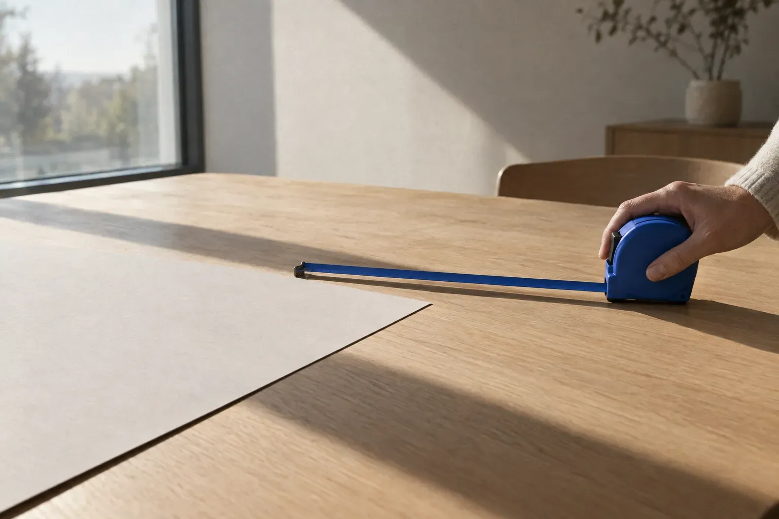 A cobalt blue tape measure on a sunlit contemporary oak table, its blade pulled out straight and running out well short of the far edge of the sheet it is meant to span.