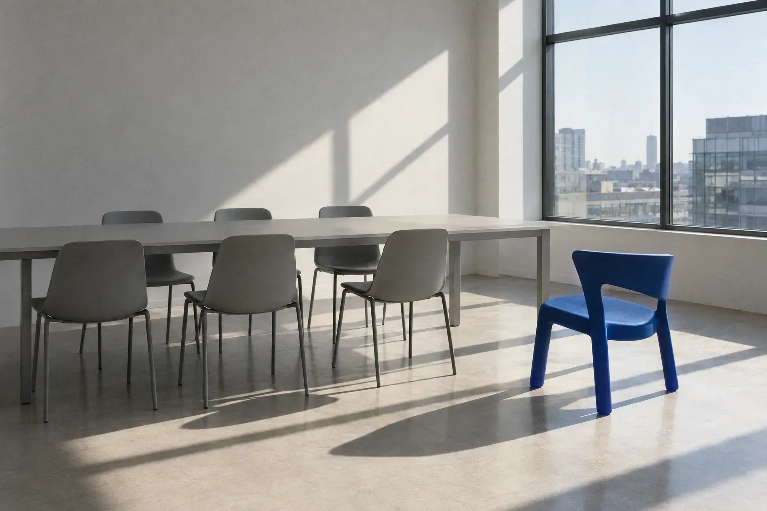 A bright empty contemporary meeting room in raking sun: identical grey chairs tucked under a long table, one cobalt blue chair of a different design pulled out and turned to face the room.
