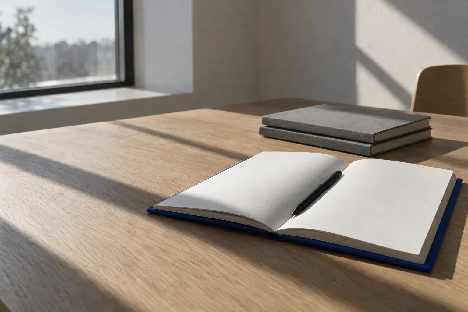 A cobalt blue hardback notebook lying open on a sunlit contemporary oak table with both pages completely blank and a pen in the gutter, two closed grey notebooks stacked beyond.