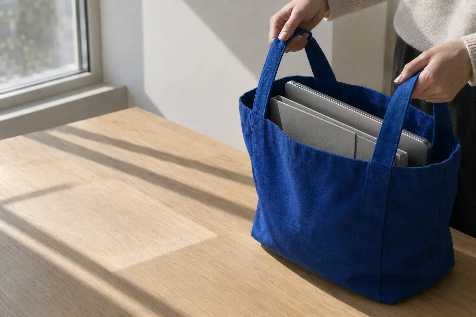 A cobalt blue canvas tote bag standing open on a sunlit contemporary oak table, packed with grey folders and a closed laptop, hands on its handles.