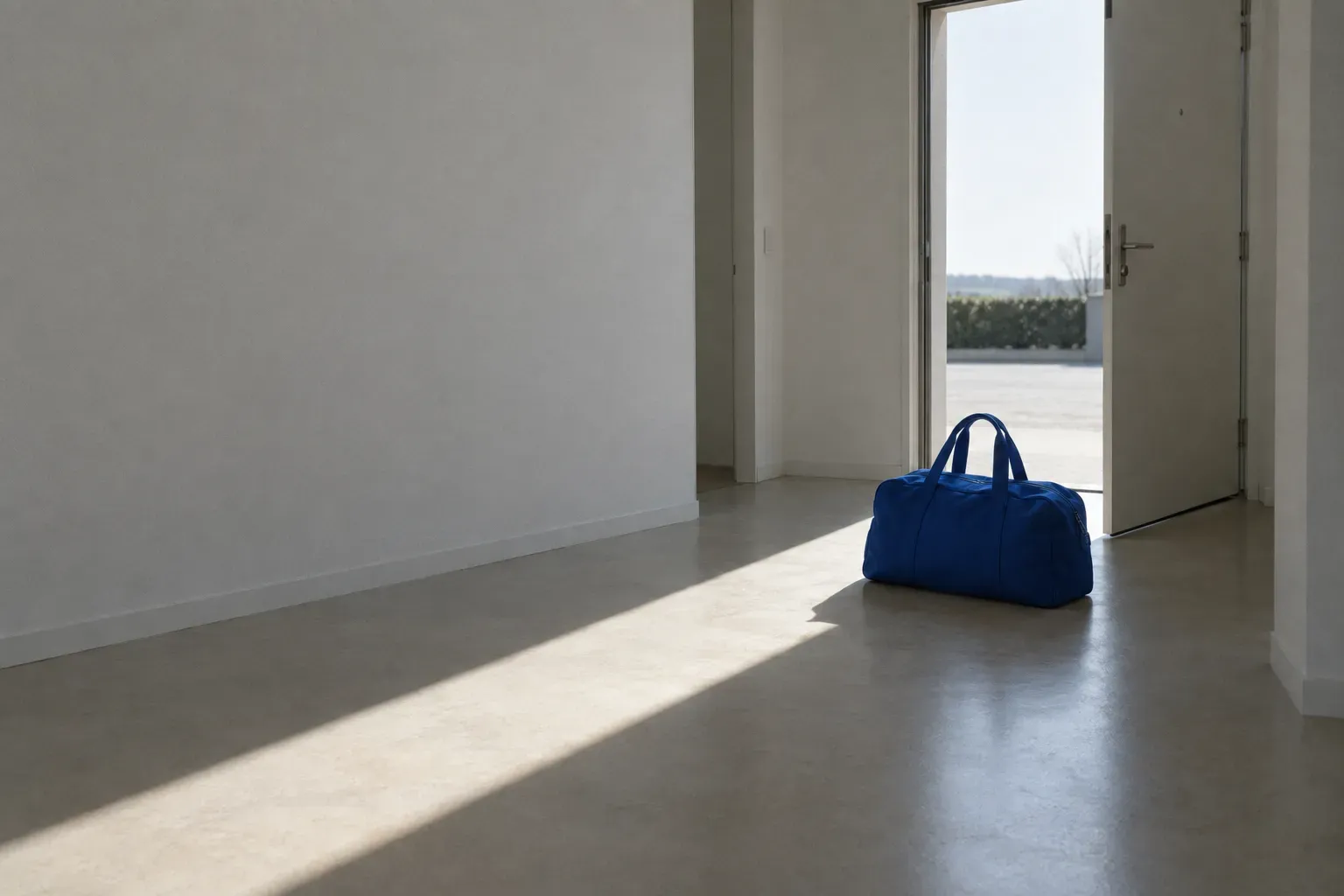A bright contemporary hallway with the front door standing wide open onto daylight, a packed cobalt blue holdall set down just inside it, ready to go.