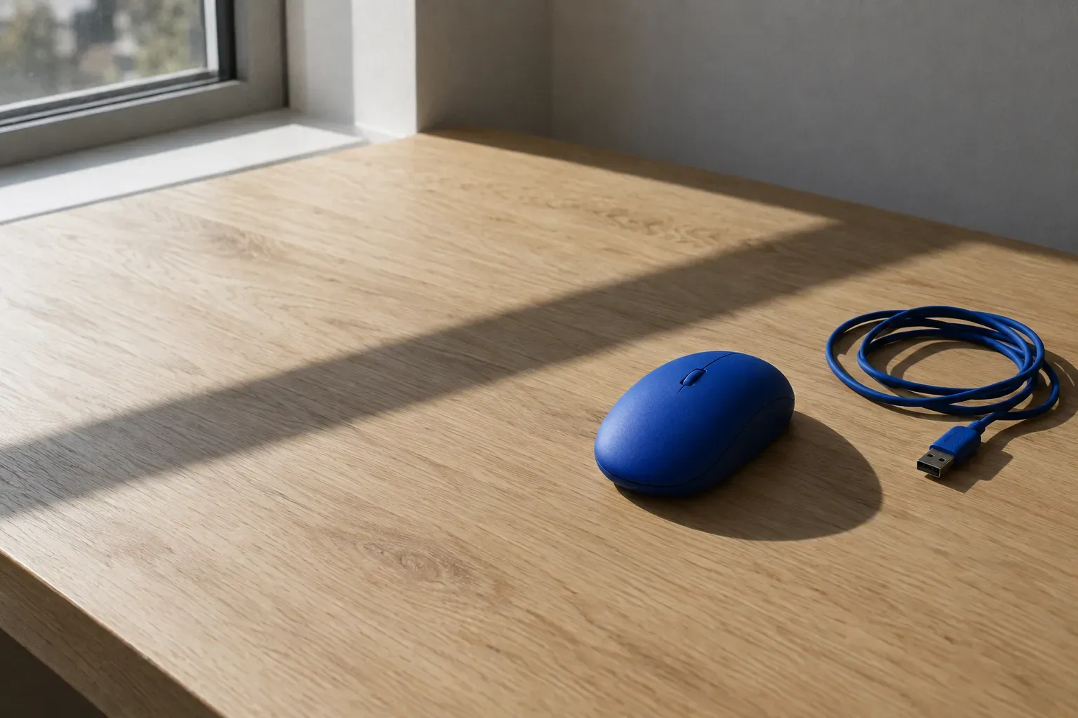 A single cobalt blue computer mouse sitting alone on a large bare sunlit oak desk, its cable unplugged and coiled loosely beside it.