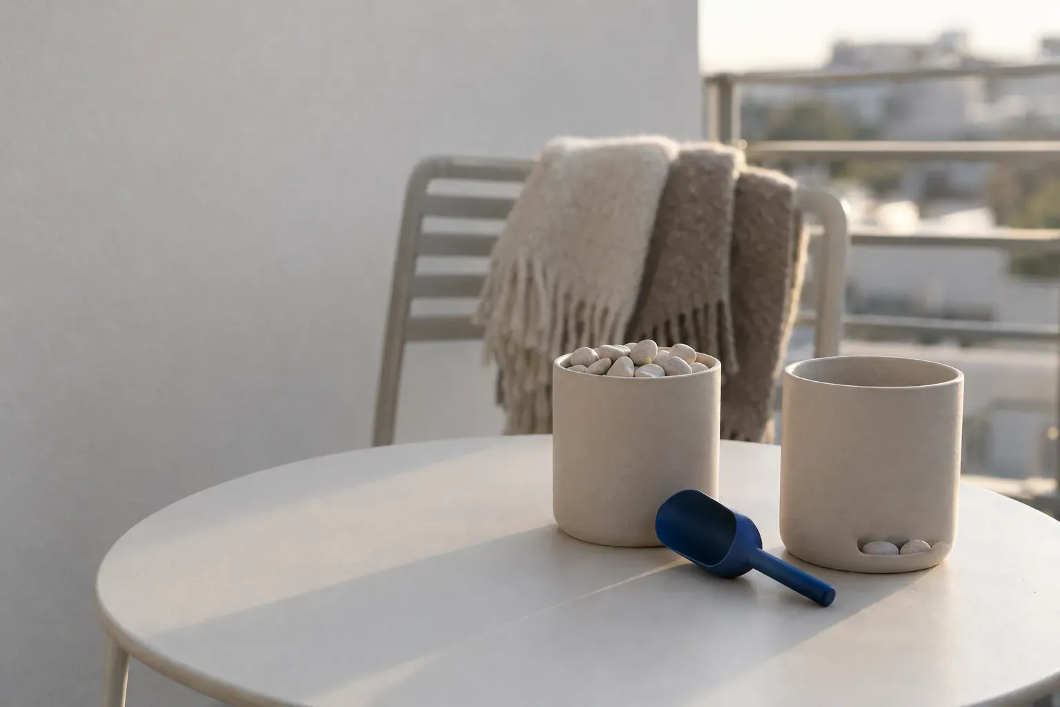 Two identical pale-clay ceramic vessels side by side on a white steel balcony table in late afternoon light, one filled to the brim with pale pebbles and the other holding only three, a cobalt blue scoop lying unused between them — one product, two price lists.